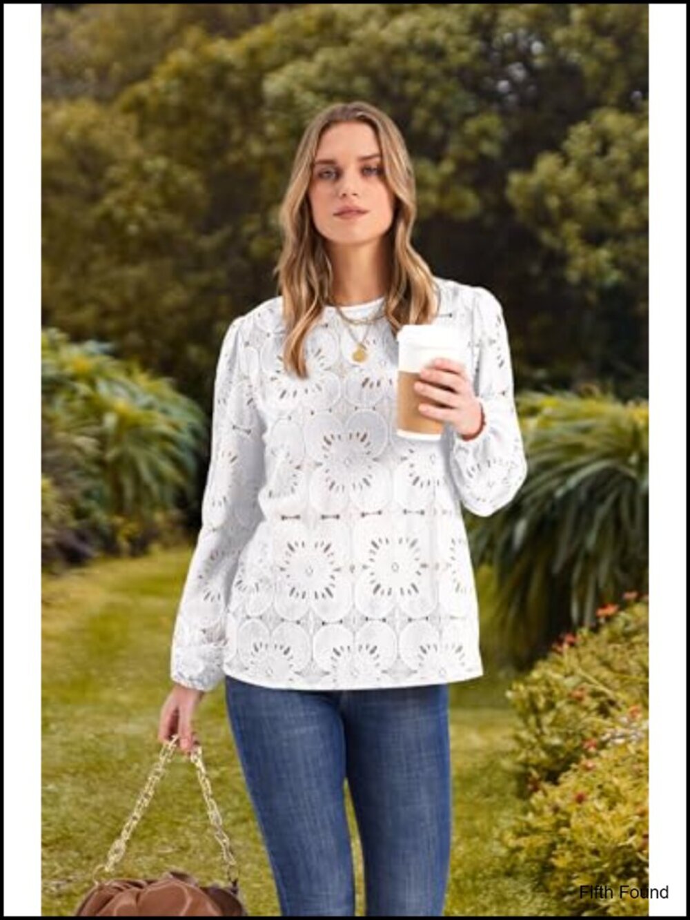 Boho Lace Long Sleeve Blouse Flowy Elastic Cuff Puff Sleeve Button Back - Picture 2 of 6